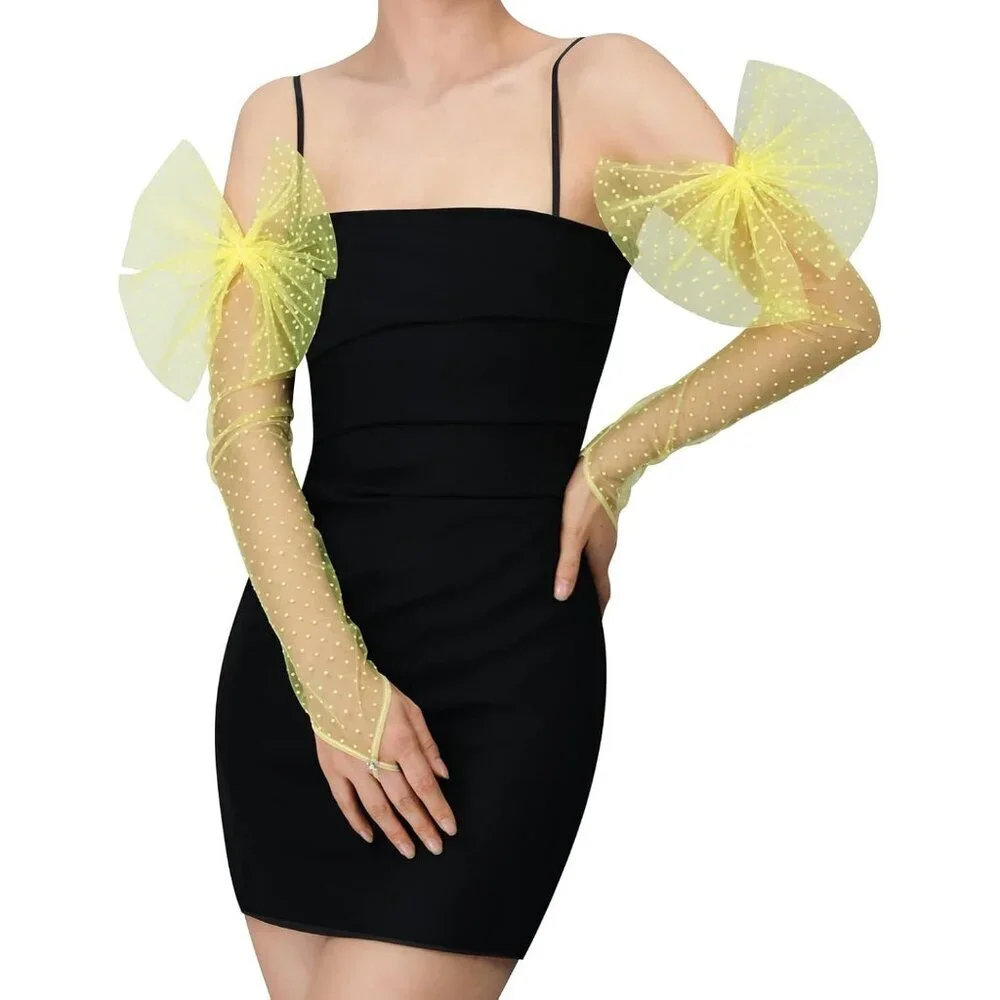 Women's Fingerless Yellow Long Bow Polka Dot Lace Gloves Sheer Party Accessories
